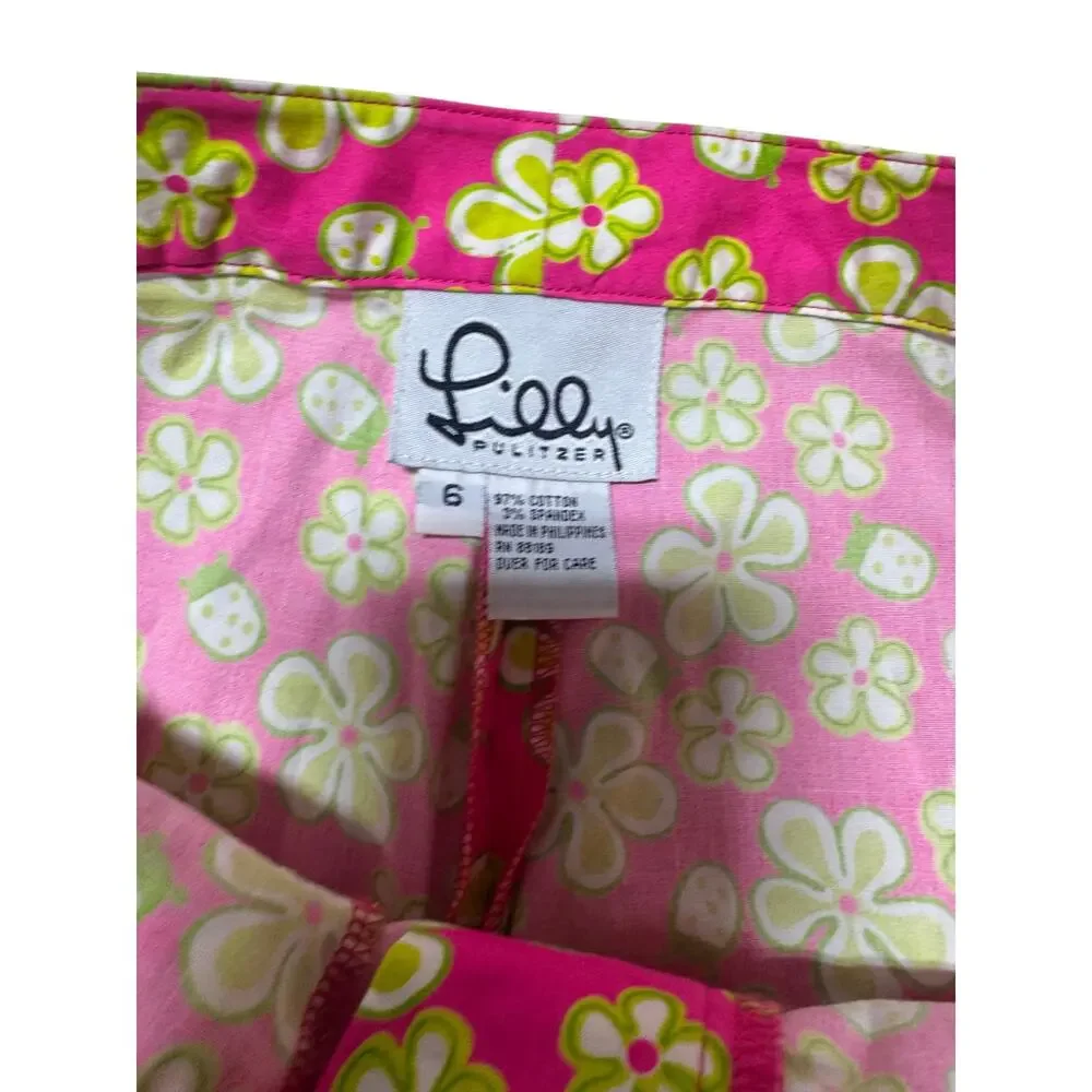 VTG Lilly Pulitzer Dune Buggy Cropped Pants Womens 6 Pink Floral Stretch Beach
